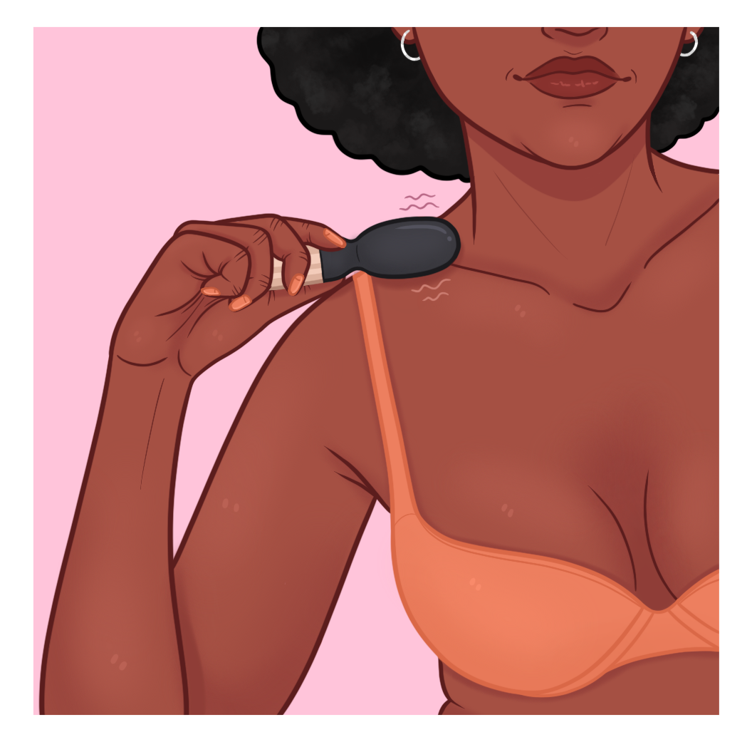 drawing of a female wearing an orange bra and using koi against her collar bone for relaxing sensations 