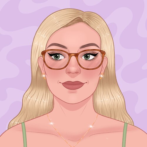 cartoon blonde female wearing red framed glasses and a green strappy top