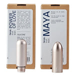 Close-up of the Maya vibrator head and base, both displayed with their packaging.