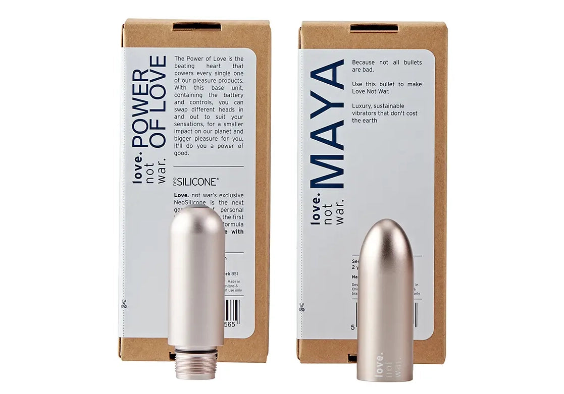 Close-up of the Maya vibrator head and base, both displayed with their packaging.