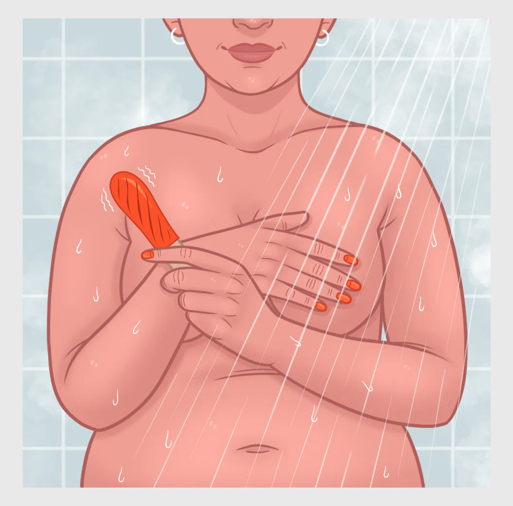 Illustration showing a female in the shower, she is covering her breasts with one hand and in the other is GRA - award winning couples vibrator for internal stimulation