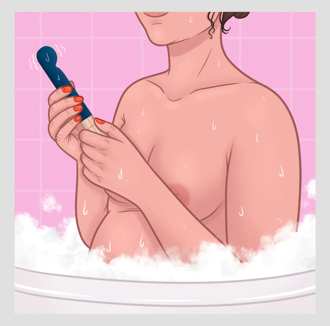 Illustration showing a female in a bubble bath she is holding Kama - Quiet G-spot vibrator for internal stimulation
