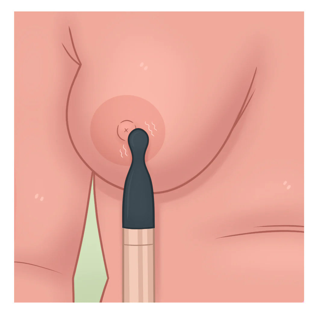Illustration showing a female breast and she is using Meile for some targeted stimulation 